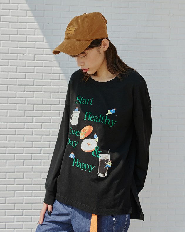 健康飲食趣味印花長袖T恤(兩色)