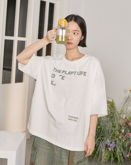 蕾絲植物繡花寬版T恤(兩色)